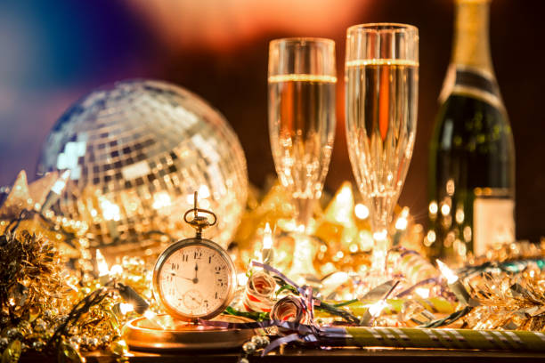 new year's eve holiday party, pocket watch, clock at midnight. - home decoration stock pictures, royalty-free photos & images