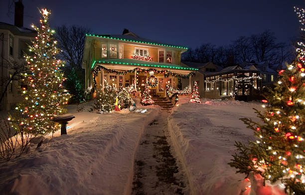 old historic home with christmas lights - garden decoration stock pictures, royalty-free photos & images