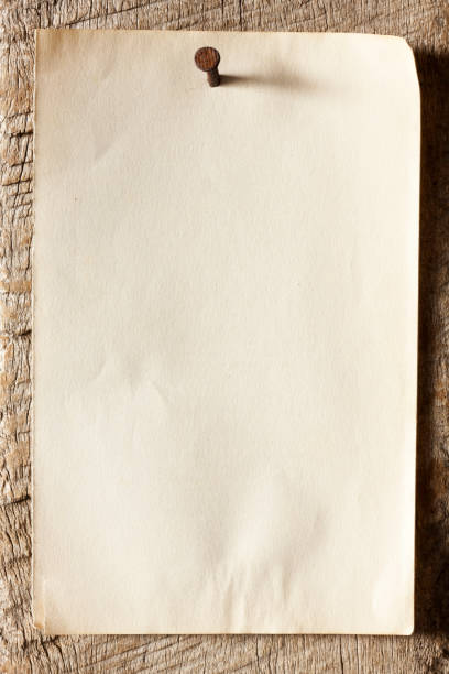 old paper nailed to a weathered wooden board. - nails art stock pictures, royalty-free photos & images