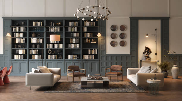 old style living room interior with a bookshelf in 3d - home decoration stock pictures, royalty-free photos & images