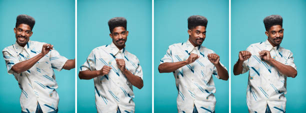 one disco dancer in a retro shirt in different positions. - hairstyle stock pictures, royalty-free photos & images
