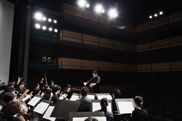 orchestra playing musical instruments at concert hall - concert stock pictures, royalty-free photos & images