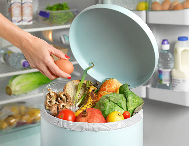 out of date in garbage bin in front of fridge - food stock pictures, royalty-free photos & images