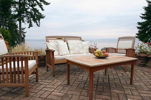 outdoor furniture on patio - garden decoration stock pictures, royalty-free photos & images
