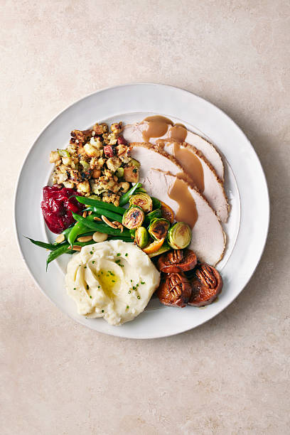overhead of turkey meal on plate - food stock pictures, royalty-free photos & images