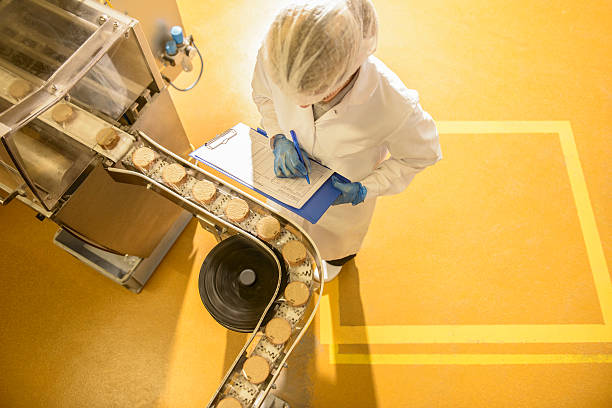 overhead view of worker inspecting biscuits on production line in food factory - food stock pictures, royalty-free photos & images
