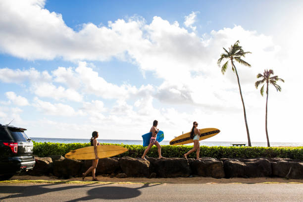 pacific islander surfers carrying surfboards on rock wall - travel stock-fotos und bilder