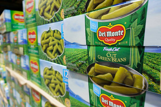 Packages of Del Monte canned green beans are stacked at a Costco Wholesale store on April 4, 2025 in San Diego, California.