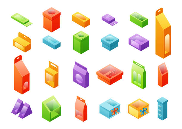 paper bags and box with insert window, isometric vector set - junk food stock illustrations