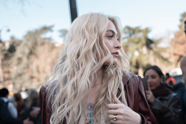 Paris Jackson wears white lace bralette, gold Chloe necklace,outside Chloe, during the Paris Fashion week Women's Fall/Winter 2025-2026 on March 6,...