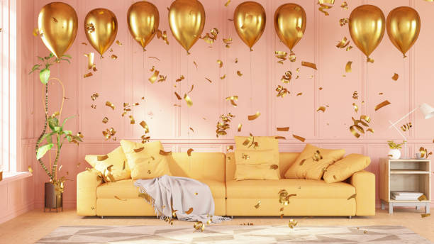 party concept balloons in living room - home decoration stock pictures, royalty-free photos & images