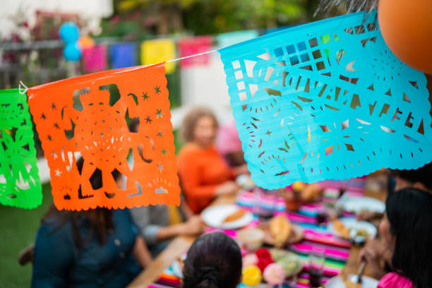 party decoration flag during family celebration - garden decoration stock pictures, royalty-free photos & images