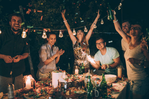 party in the backyard - garden decoration stock pictures, royalty-free photos & images