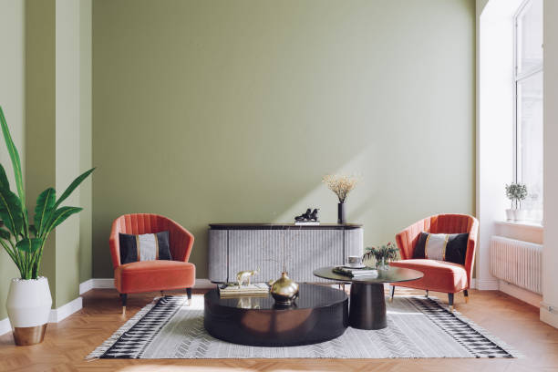 pastel colored modern mid century living room interior - home decoration stock pictures, royalty-free photos & images