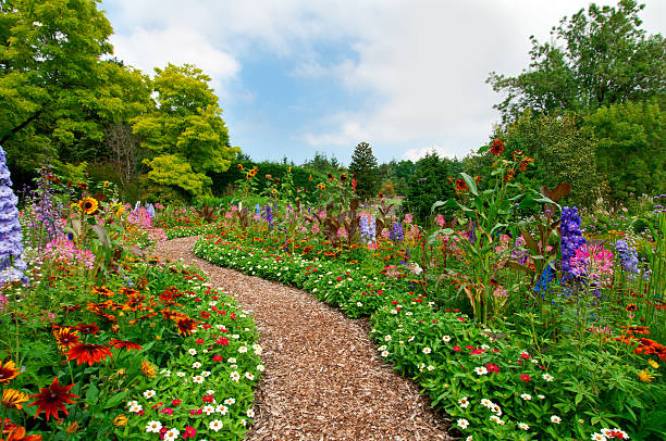 path thru lush summer flower garden - i - garden decoration stock pictures, royalty-free photos & images