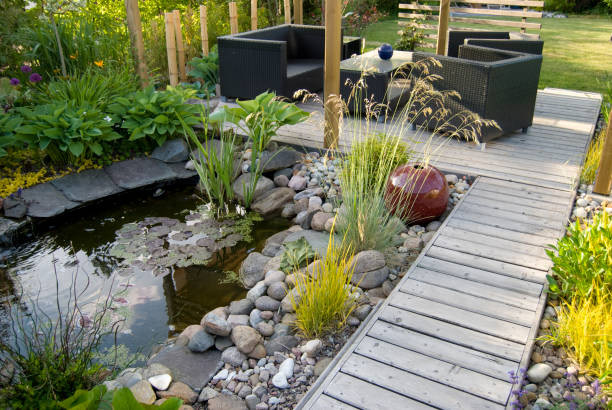 patio and pond in the afternoon sun - garden decoration stock pictures, royalty-free photos & images
