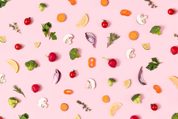 pattern of healthy organic food with vegetables on summer pink background - food stock pictures, royalty-free photos & images