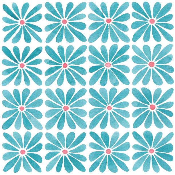 pattern of teal watercolor daisies - garden decoration stock illustrations
