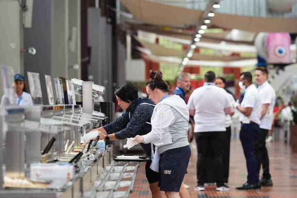 People enjoy food at a restaurant in the Olympic Village during the media open day on July 23, 2024 in Paris, France. The Paris Olympics will be held...