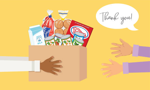 person giving a box of food to another person. food bank concept in flat colors - food stock illustrations