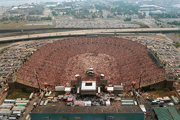 Philadelphia, Pennsylvania-The Live Aid Concert at JFK Stadium. An aerial view displays the packed stadium in its entirety.
