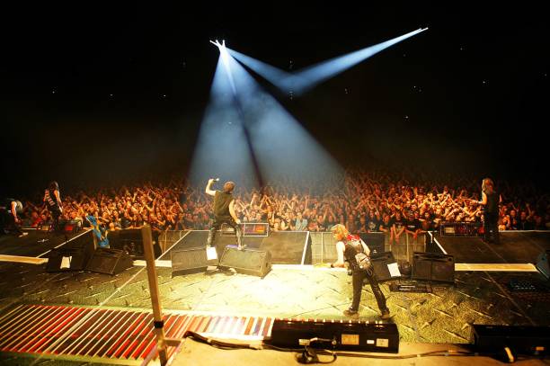 Photo of Adrian SMITH and Janick GERS and Steve HARRIS and Dave MURRAY and IRON MAIDEN and Bruce DICKINSON, L-R: Dave Murray, Steve Harris, Bruce...