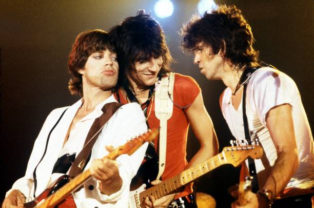 Photo of ROLLING STONES and Mick JAGGER and Ron WOOD and Keith RICHARDS; L-R Mick Jagger, Ron Wood and Keith Richards performing on stage at the...