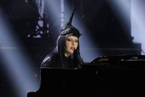 Pictured: Lady Gaga performs on Friday, February 14, 2025 --