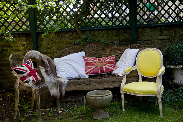 pillows on sofa and chairs in backyard - garden decoration stock pictures, royalty-free photos & images