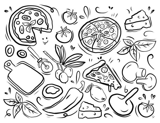 pizza concept doodle, hand drawn vector illustration - food stock illustrations