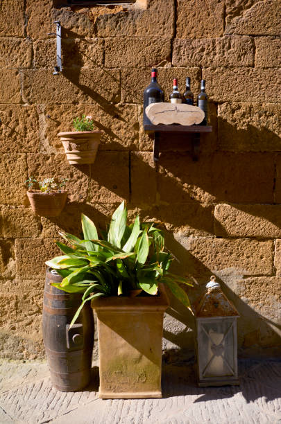 plant pots and hanging baskets in an old cobbled street - garden decoration stock pictures, royalty-free photos & images