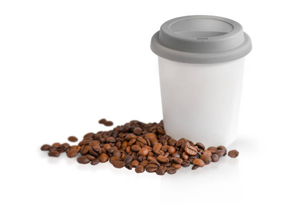 plastic coffee cup and coffee beans - junk food stock pictures, royalty-free photos & images
