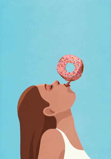 playful young woman balancing donut on tongue - junk food stock-grafiken, -clipart, -cartoons und -symbole