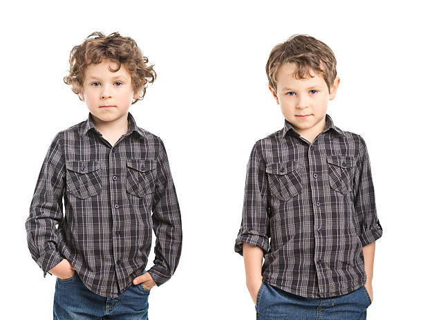 porträt des kleinen jungen vor und nach dem schneiden - hairstyle stock-fotos und bilder