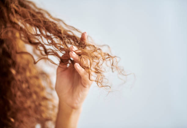 portrait of woman with natural, damaged hair and curly hair. girl with fingers in tips to show damage from hair treatment, split ends and dry hair. hair products, care and repair for healthy hair - hairstyle stock pictures, r