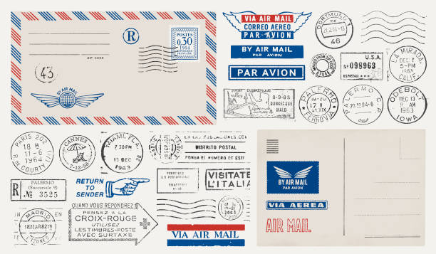 postage stamps with postcard and envelope - travel stock illustrations