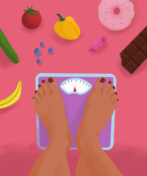 pov legs of barefoot woman standing on weight scale surrounded by junk food and healthy food - junk food stock illustrations