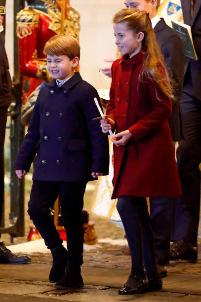 Prince Louis of Wales and Princess Charlotte of Wales attend The 'Together At Christmas' Carol Service at Westminster Abbey on December 8, 2023 in...