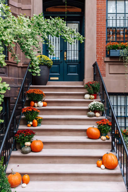 pumpkins and autumn flowers on the door steps of a brownstone house in west village, decorations for halloween, new york, usa - home decoration stock pictures, royalty-free photos & images