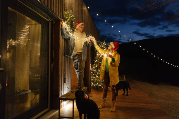 putting up christmas decorations - garden decoration stock pictures, royalty-free photos & images