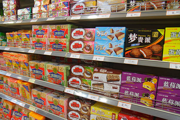Rainbow Center, supermarket, shelves of junk food.