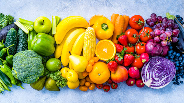 rainbow colored fruits and vegetables banner - food stock pictures, royalty-free photos & images