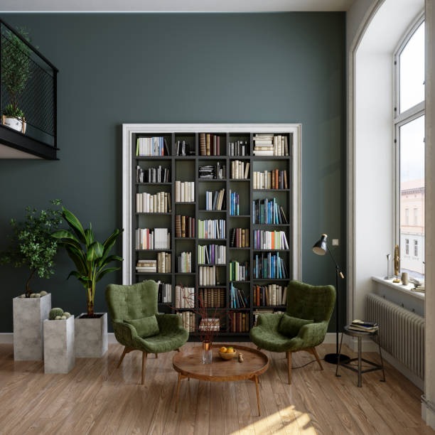 reading room interior with bookshelf, green armchairs, coffee table and potted plants - home decoration stock pictures, royalty-free photos & images