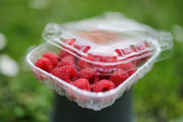 recyclable transparent pet (polyethylene terephthalate) packaging with fresh and clean raspberries - junk food stock pictures, royalty-free photos & images