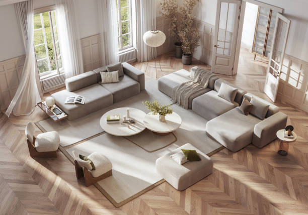 rendu numérique de la vue de dessus d’un salon chic et aéré - home decoration photos et images de collection