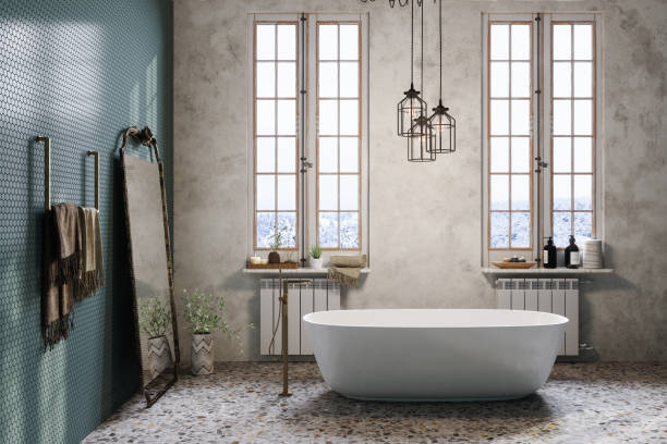 retro style bathroom with bathtub, mirror and pendant light - home decoration stock pictures, royalty-free photos & images