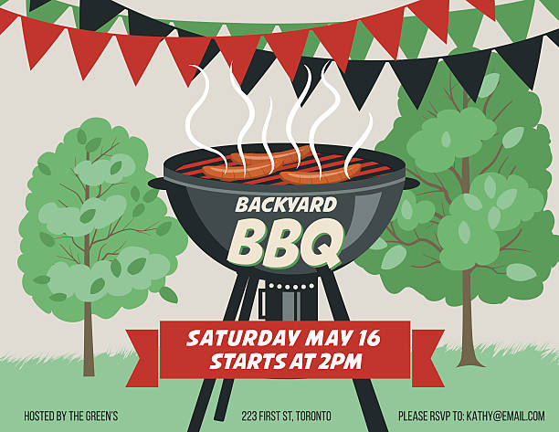 retro style bbq party invitation template - garden decoration stock illustrations