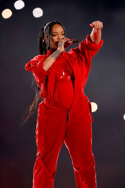 Rihanna performs onstage during the Apple Music Super Bowl LVII Halftime Show at State Farm Stadium on February 12, 2023 in Glendale, Arizona.