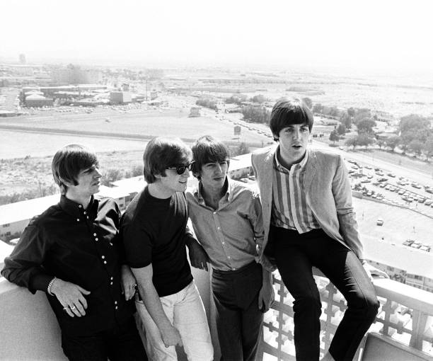 Ringo Starr, John Lennon, George Harrison and Paul McCartney of The Beatles, pictured on the roof of the Sahara Hotel in Las Vegas during the tour of...