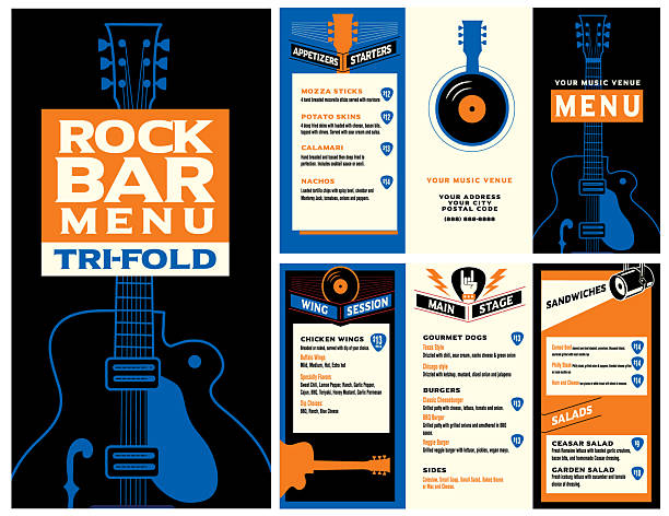 rock music bar food menu tri-fold design mock up template - concert stock illustrations
